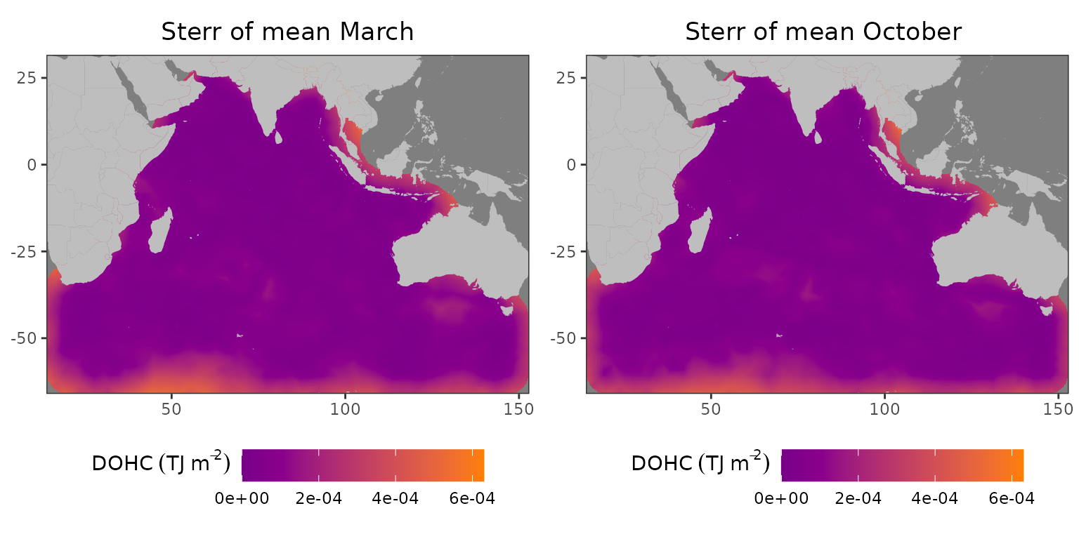 Resampled standard deviation of the mean field for L1 in 2005: (left) March, (right) October